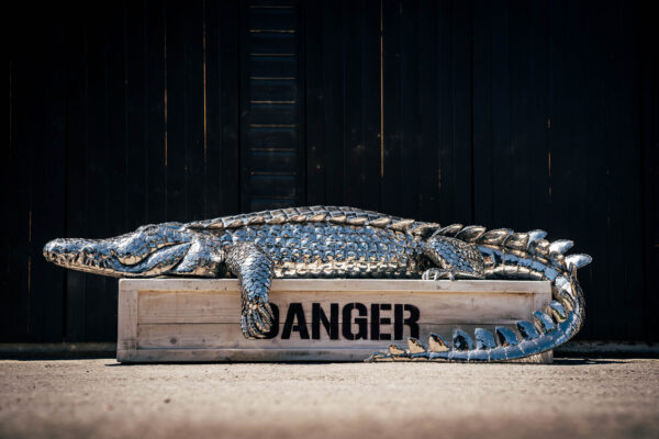 Crocodile sculpture on a low box