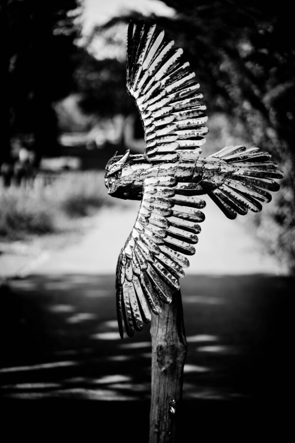 Metal Owl garden sculpture with spread out wings.